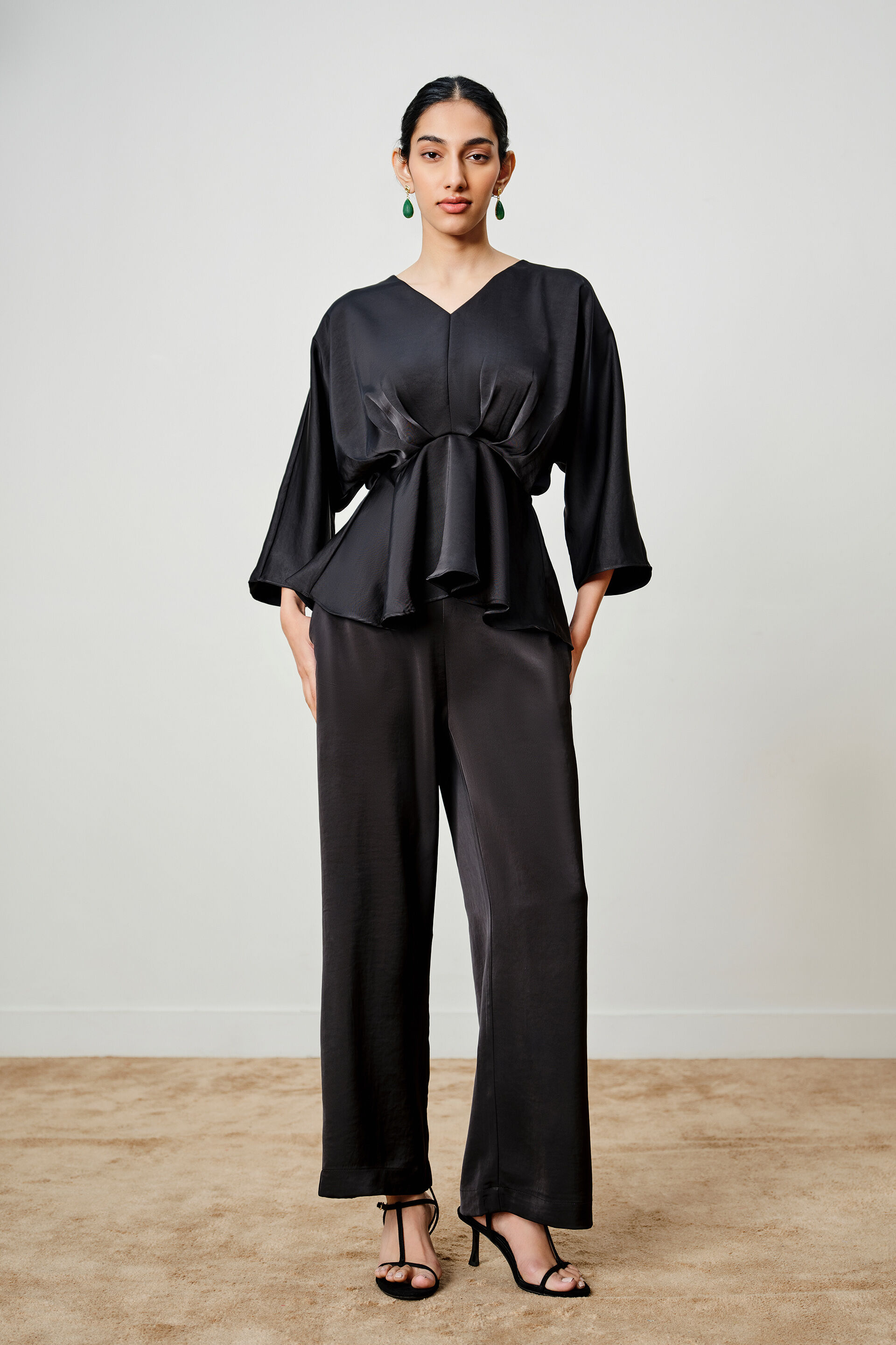 Black Pleated Peplum Top, Black, image 1