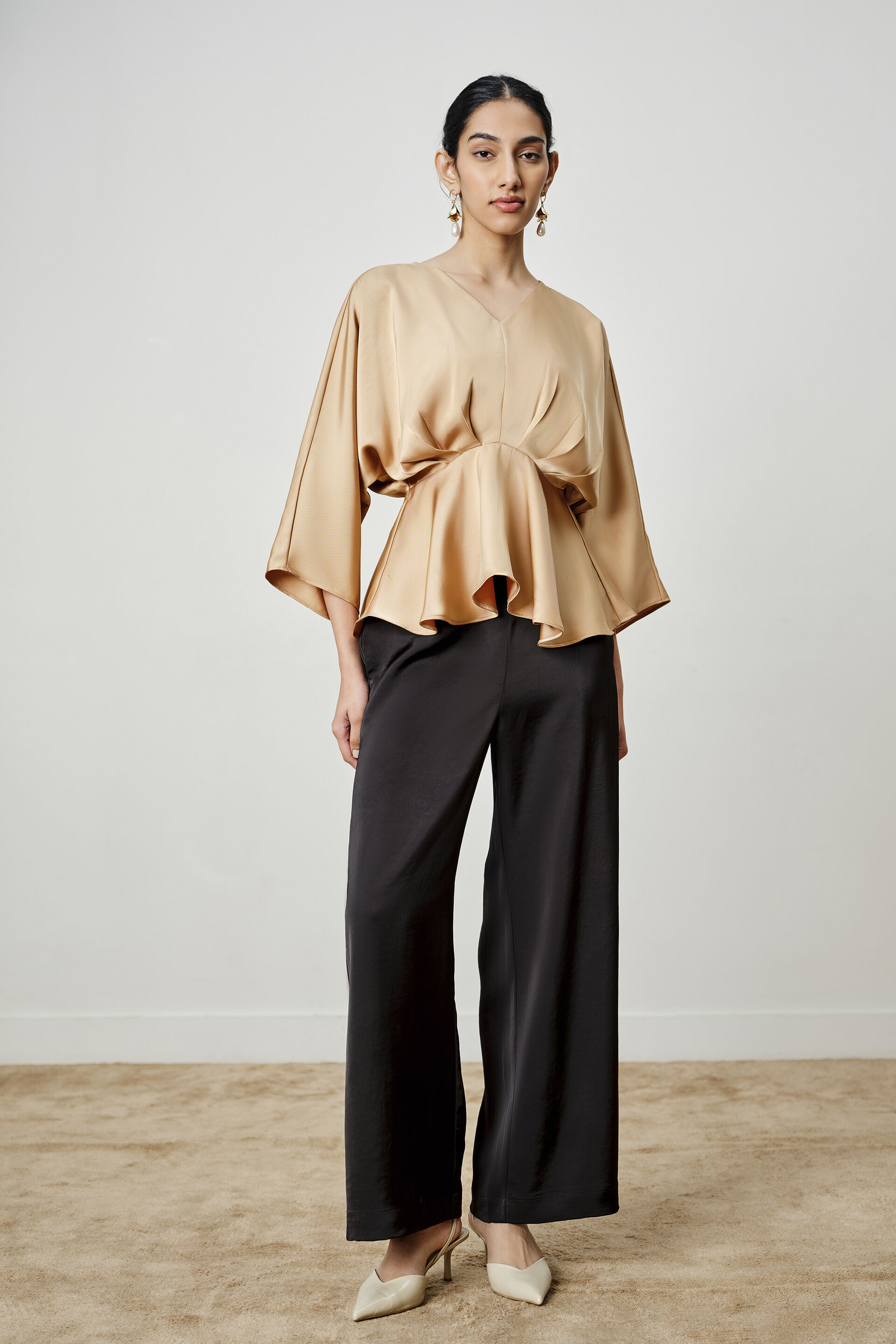 Beige Pleated Peplum Top, Dark Beige, image 1