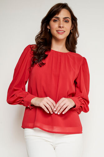 Red Solid Gathered Top, Red, image 2