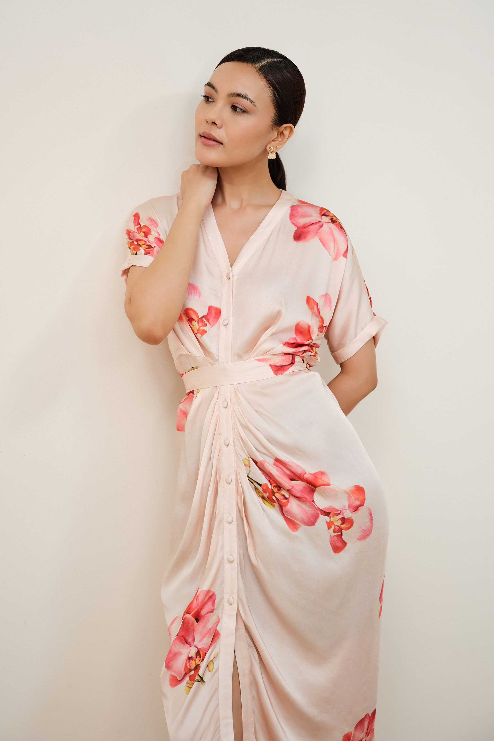 Rosin Draped Modal Satin Dress, Pink, image 2