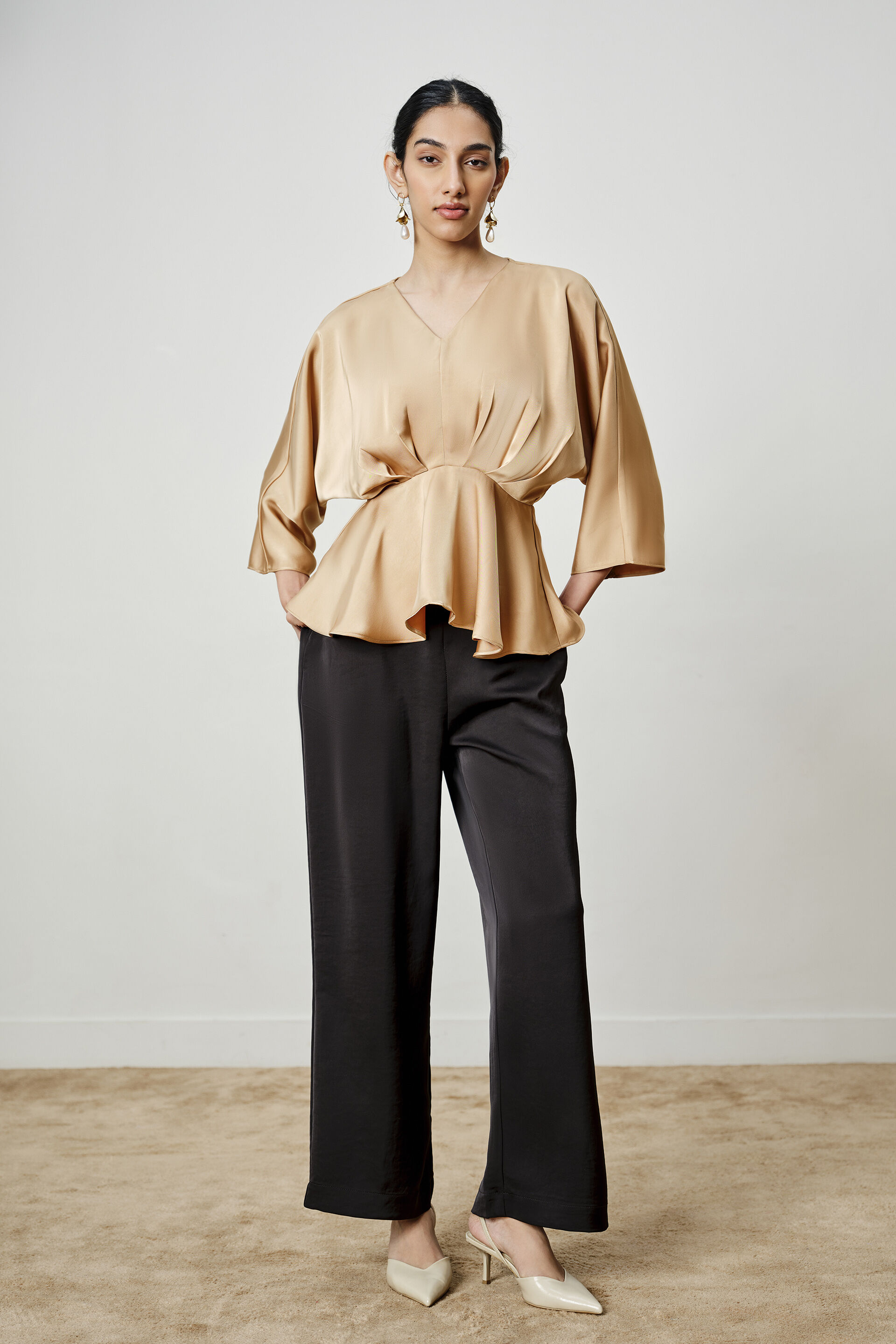 Beige Pleated Peplum Top, Dark Beige, image 2