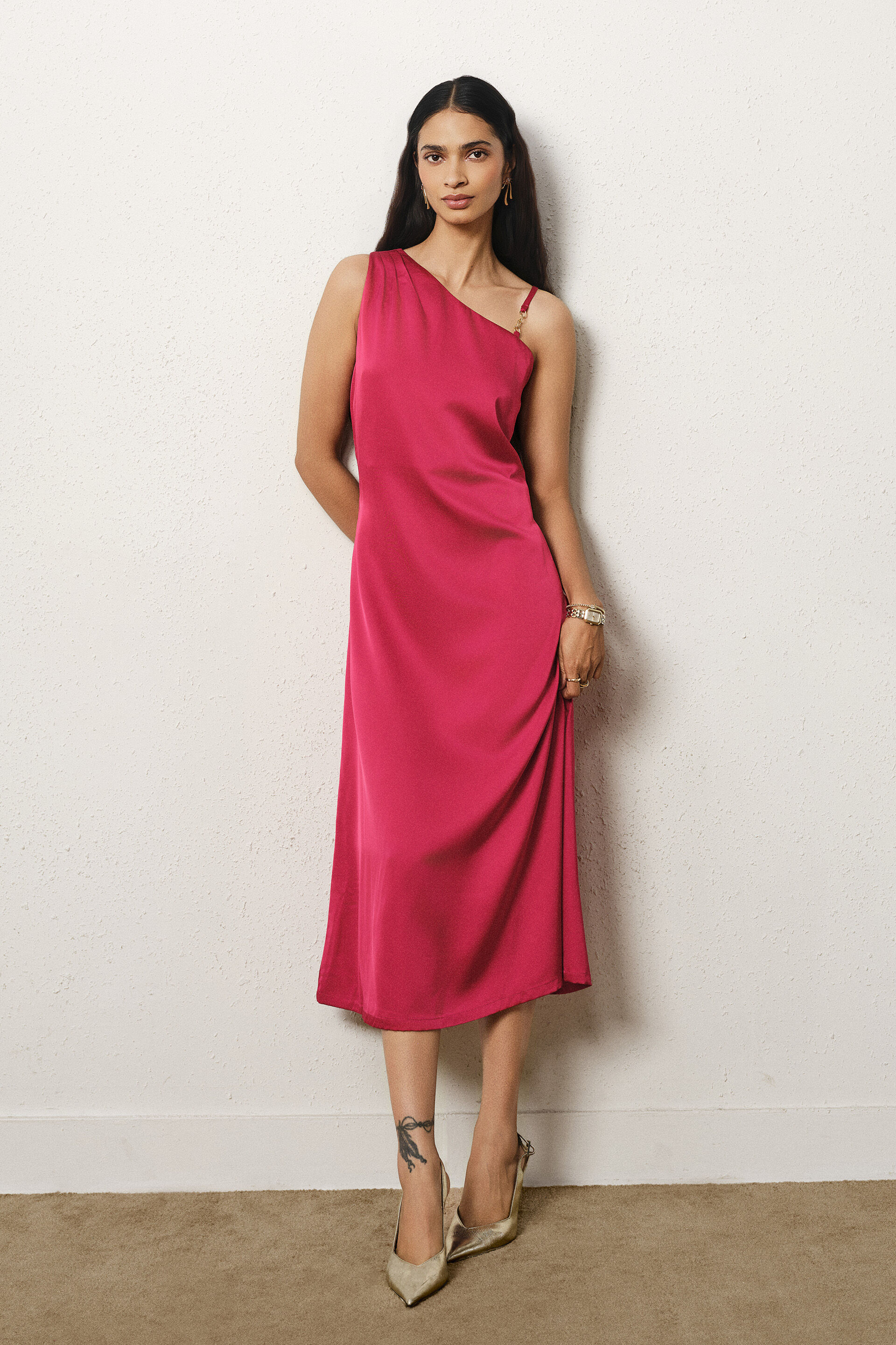 One-shoulder Satin Midi Dress in Red, Red, image 3