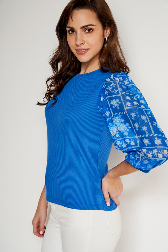 Blue Floral Knitted Top, Blue, image 2