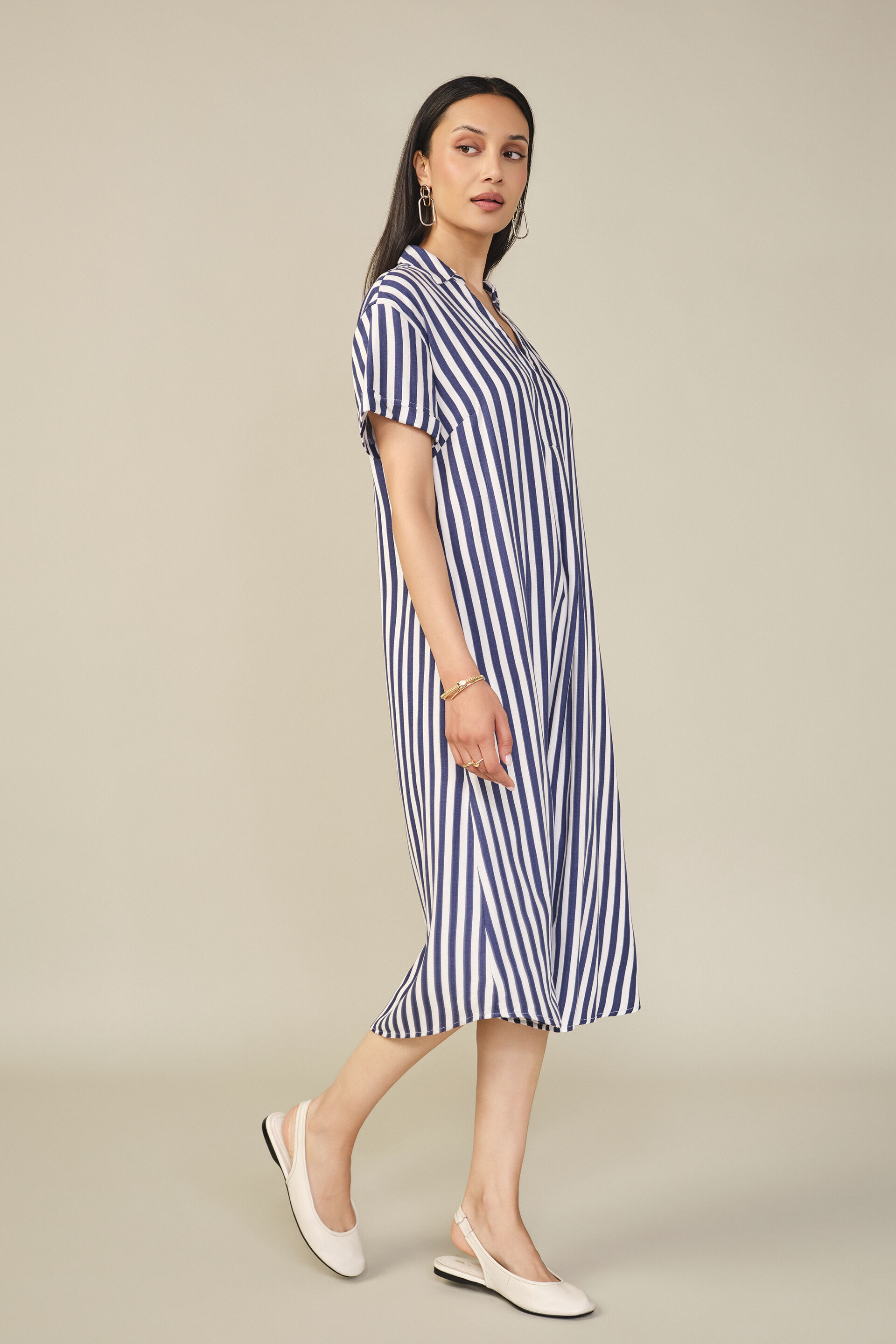 Striped Midi Dress in Navy, Navy, image 5
