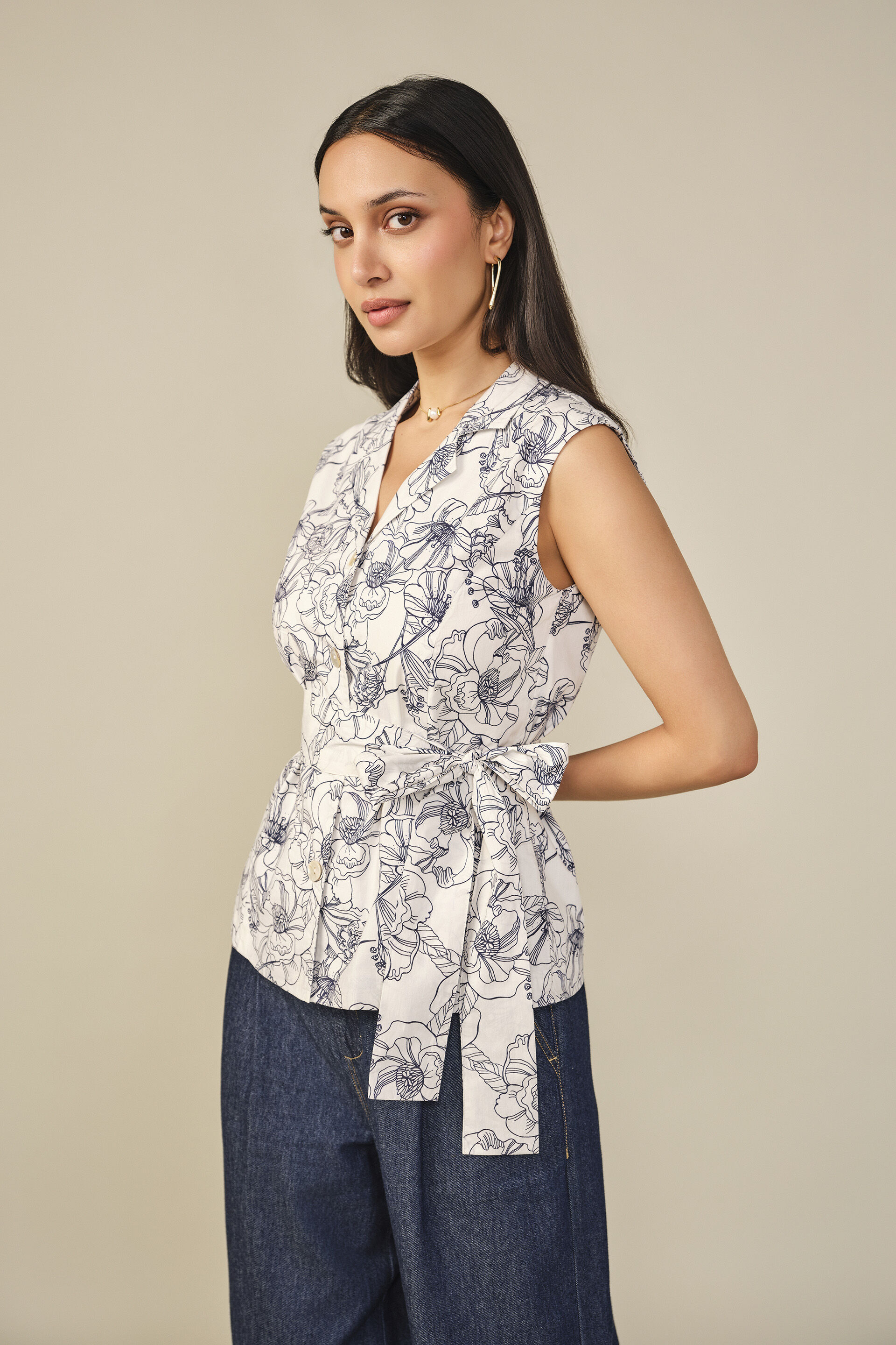 Tie-up Floral Print Cotton Blazer, Blue, image 5