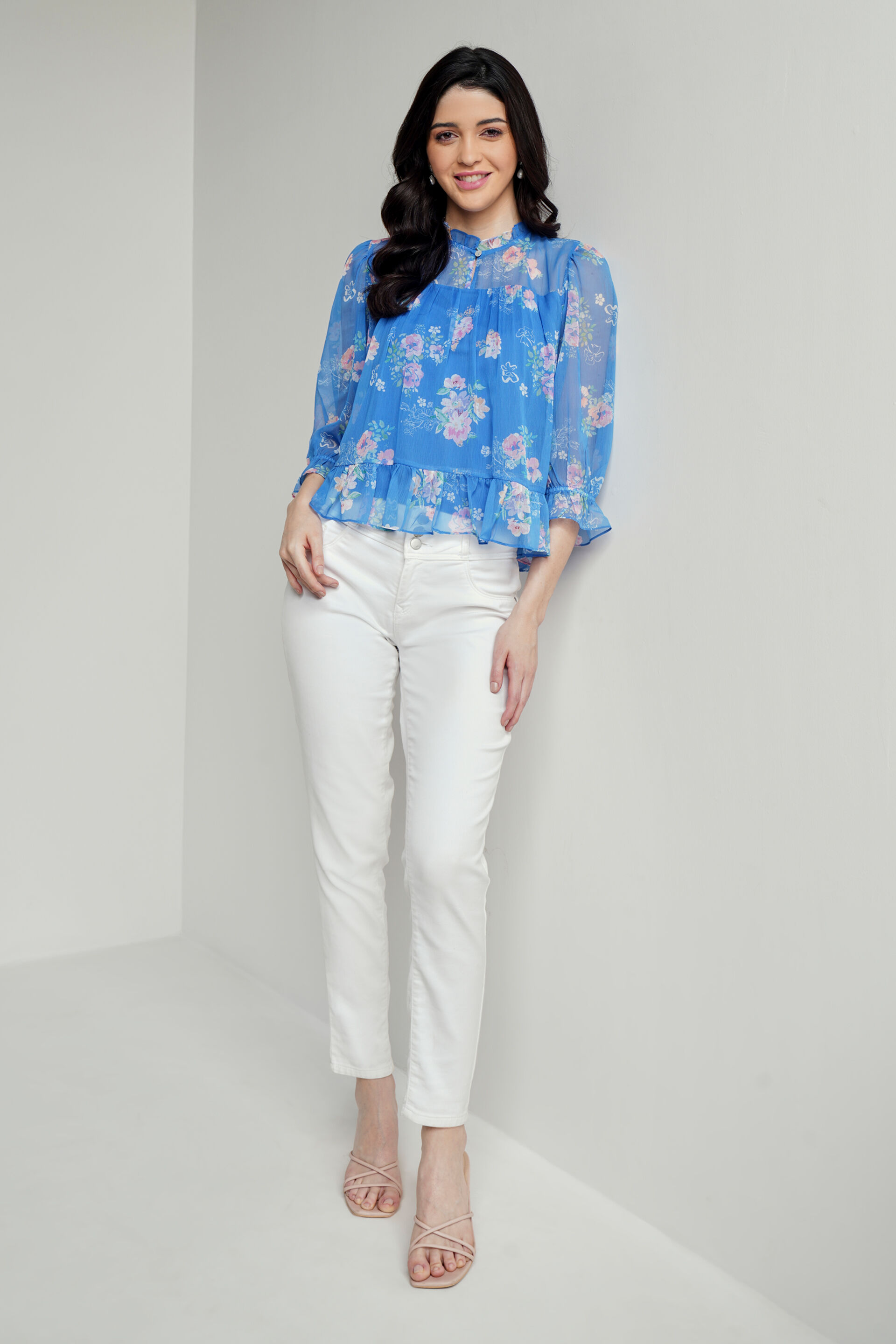 Blue Floral Flared Top, Blue, image 2
