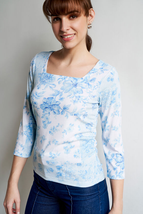 Cream And Blue Floral Curved Top, Cream, image 2