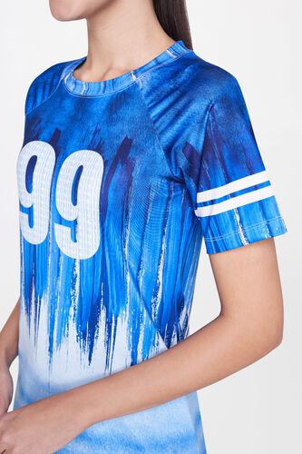 5 - Blue Abstract Round Neck A-Line Dress, image 5