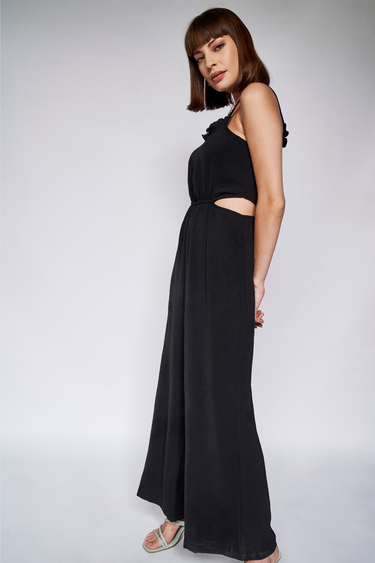 Black Solid Fit and Flare Jumpsuit, Black, image 2