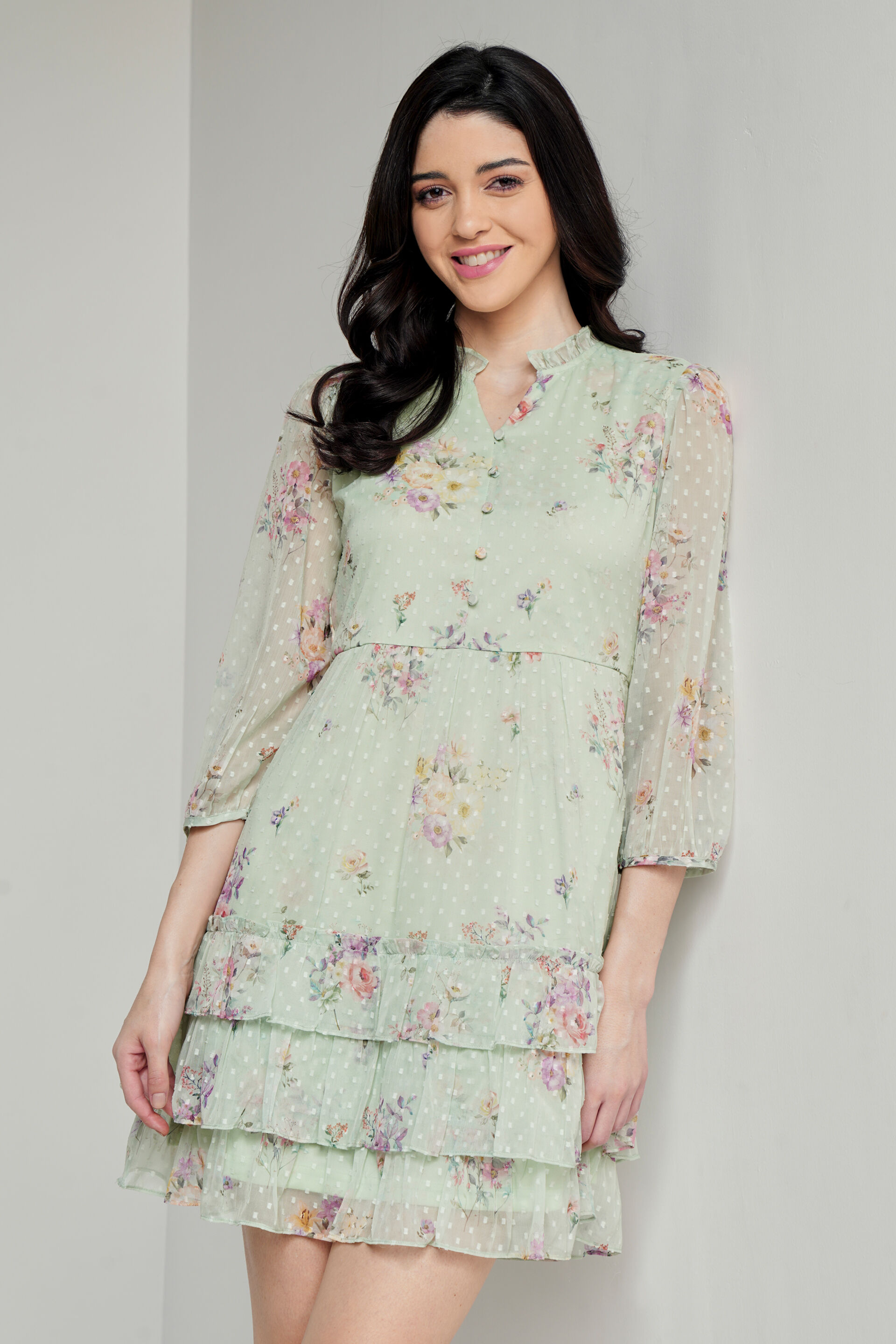 Mint Floral Flounce Dress, Mint, image 4