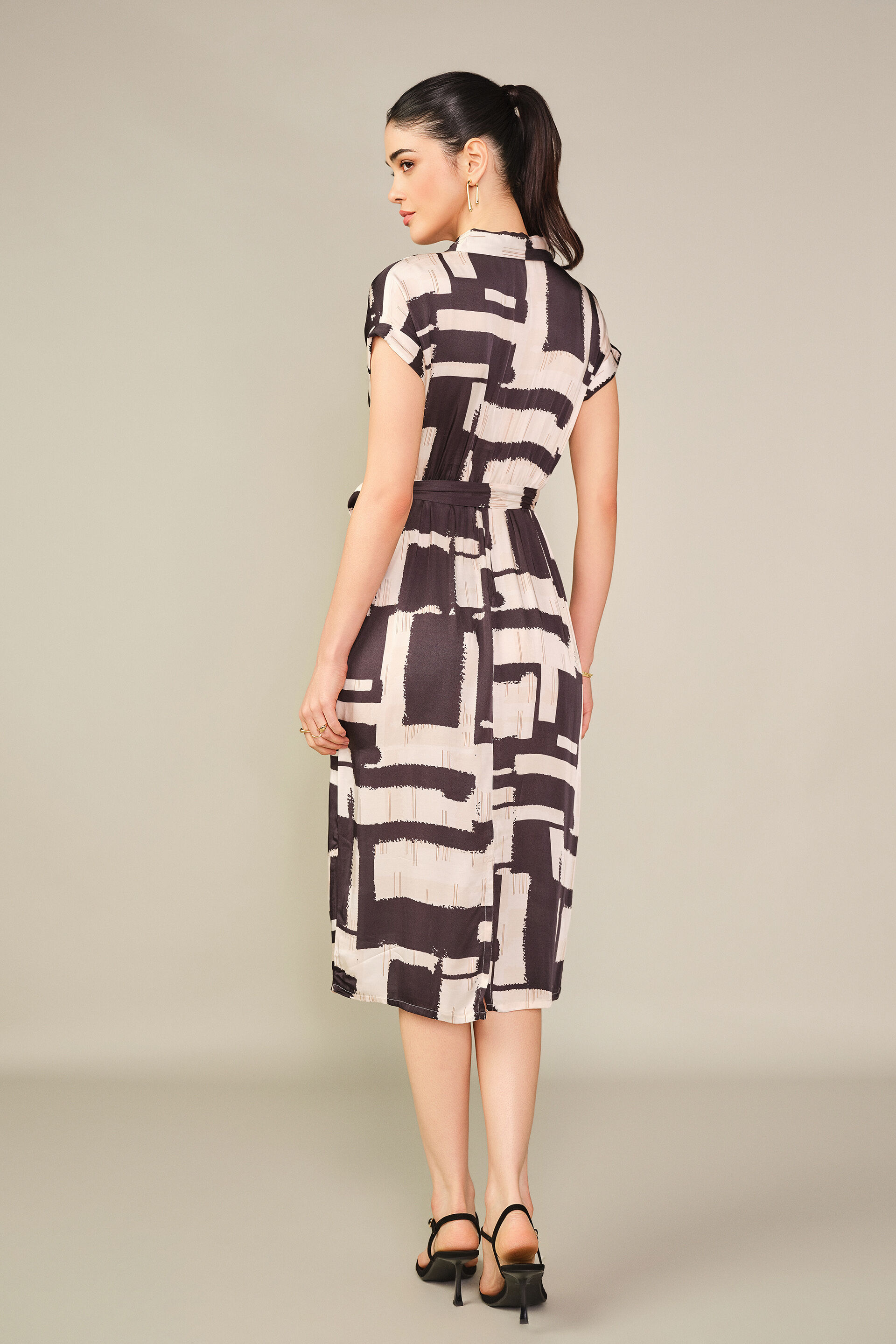 Abstract Printed Modal Draped Dress in Cream, Cream, image 6