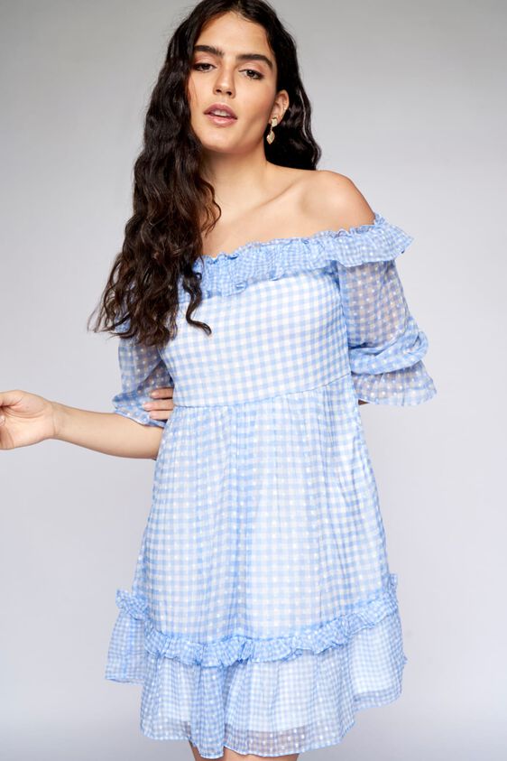 1 - Blue Checks Fit & Flare Dress, image 1