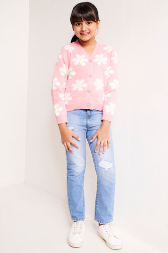 Pink and White Floral Straight Cardigan, Pink, image 1