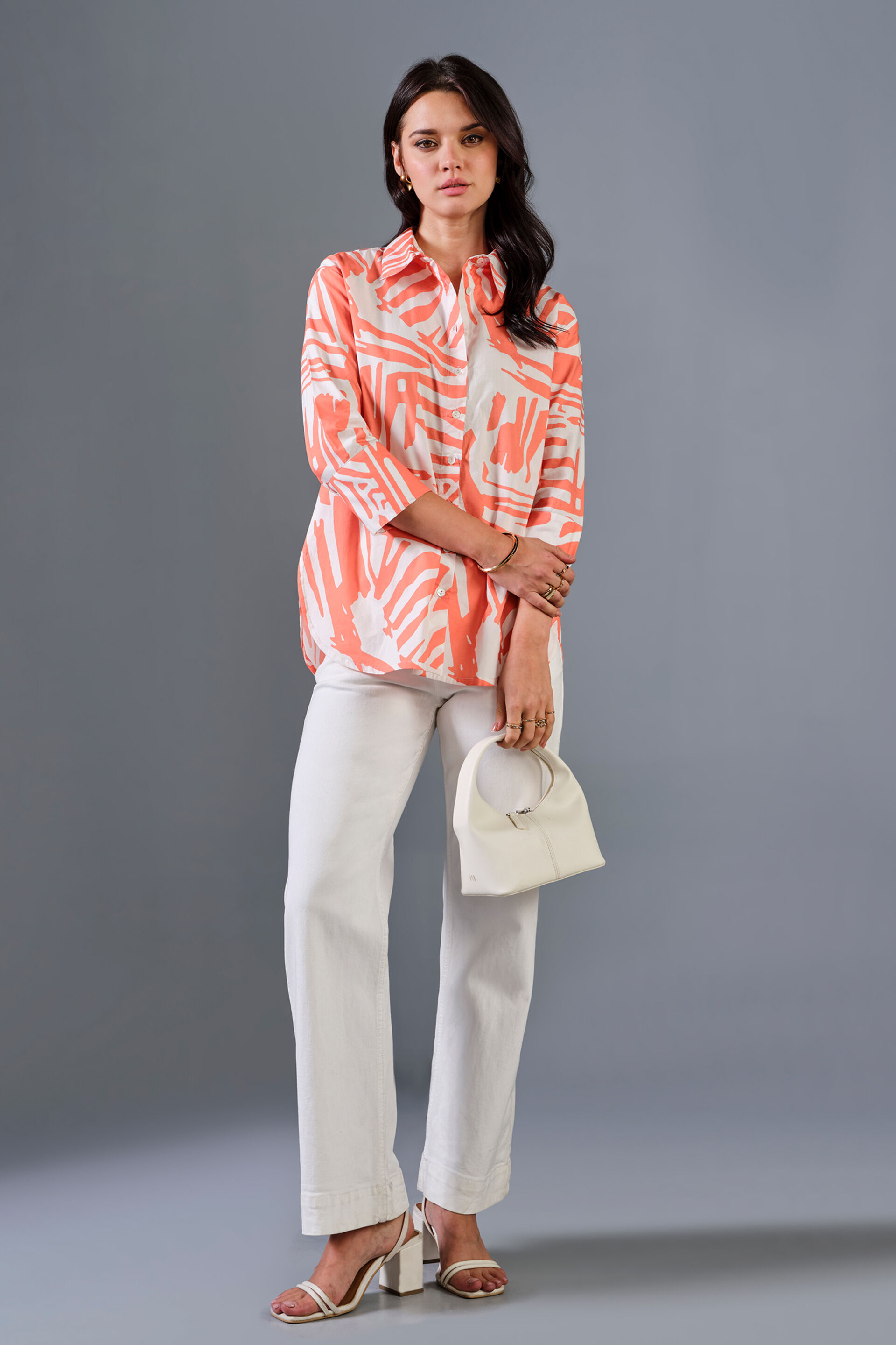 Clementine Strokes Cotton Shirt, Orange, image 2