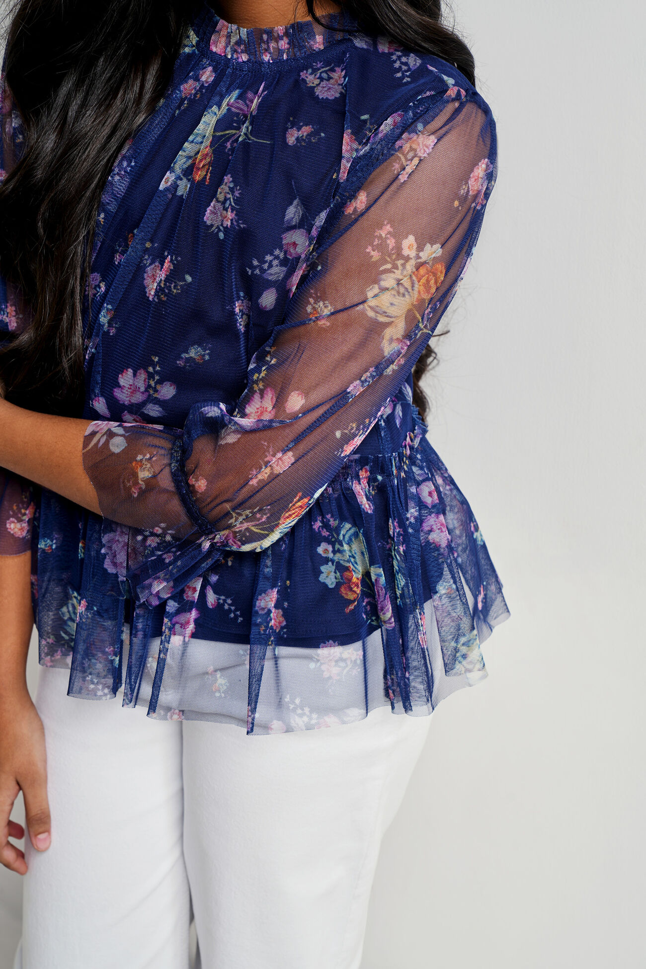 Navy Floral Flared Top, Navy Blue, image 5