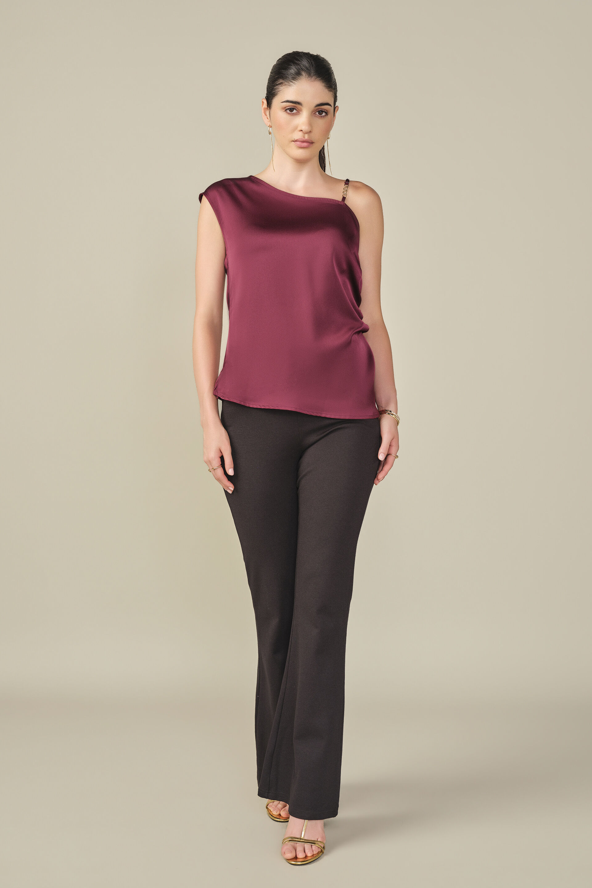 One-shoulder Satin Top in Wine, Wine, image 4