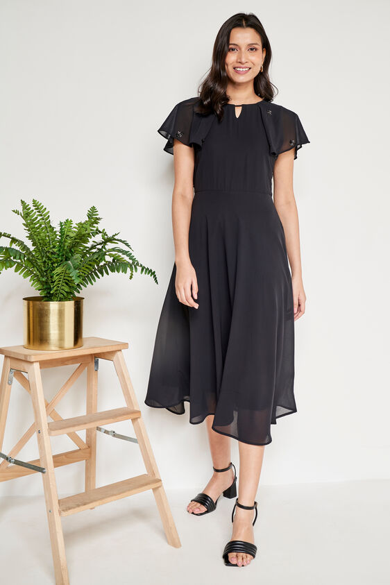 Black Solid Flared Dress, Black, image 2