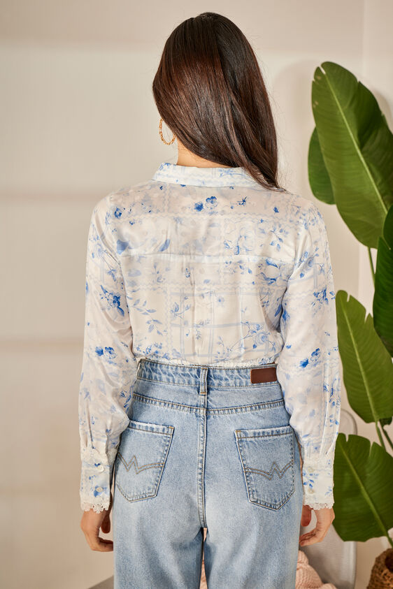 Blue and White Floral Shirt Style Top, Blue, image 4