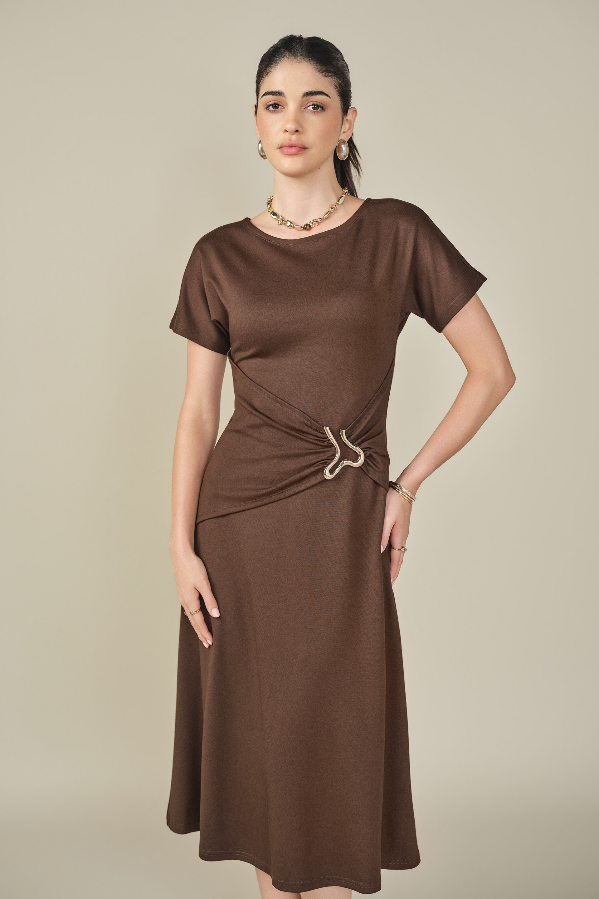 Velra Brown Draped Dress, Brown, image 1