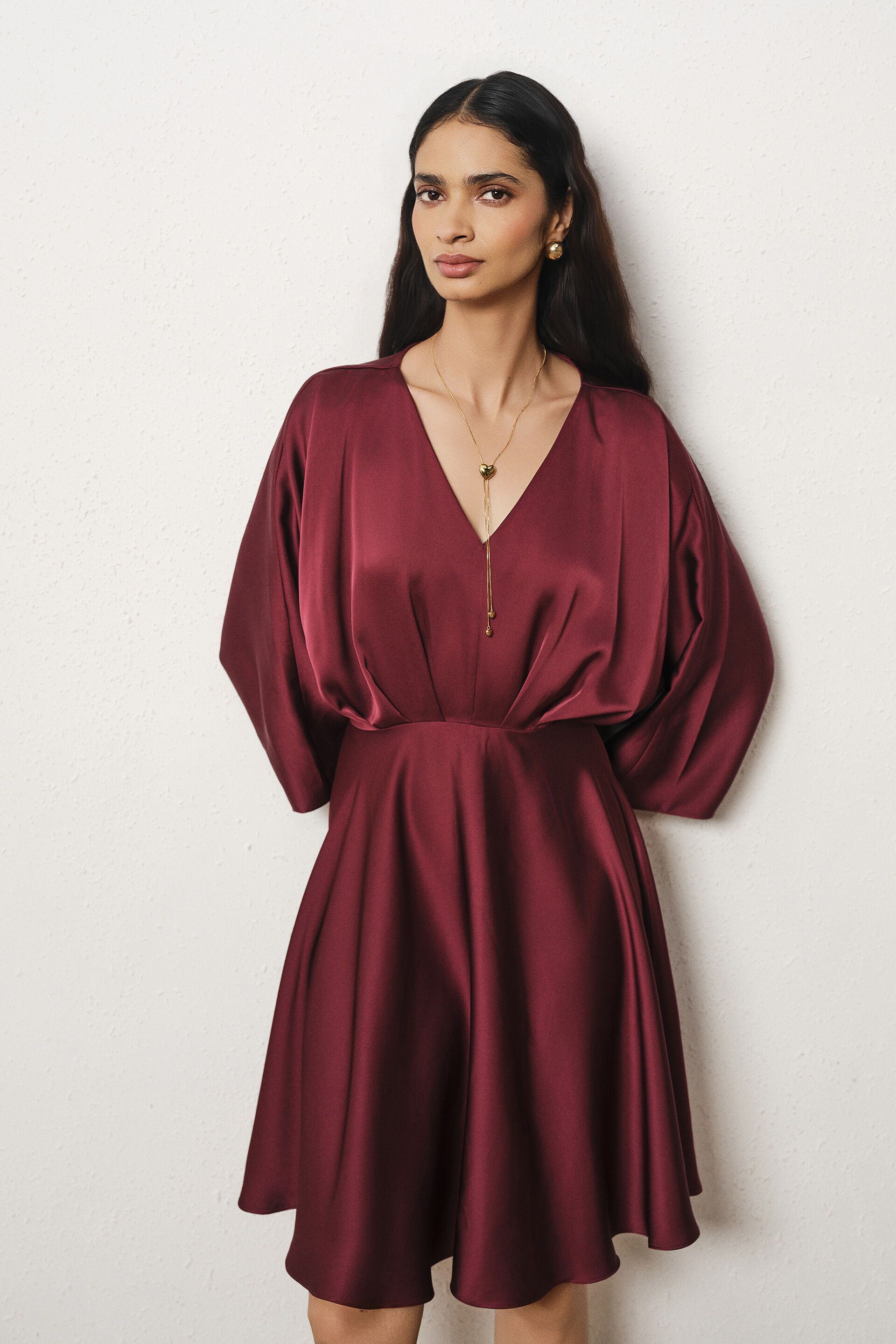 Flutter Sleeves Satin Dress in Wine, Wine, image 1