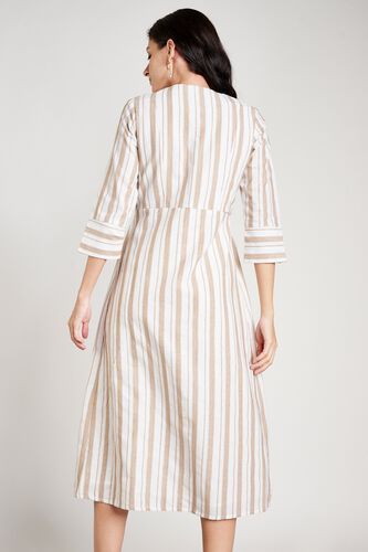 5 - Cream Stripes V-Neck Fit and Flare Cuff Midi Dress, image 5