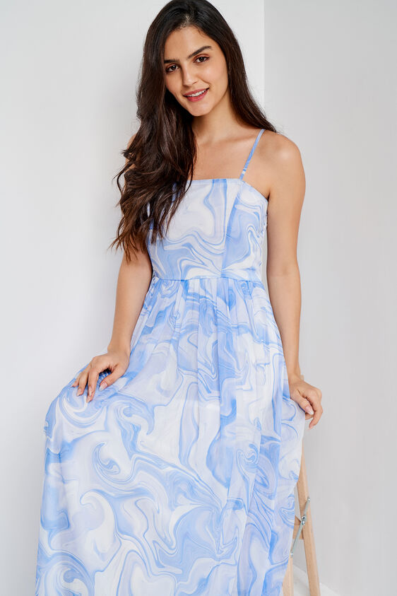 Blue and White Abstract Flared Gown, Blue, image 5