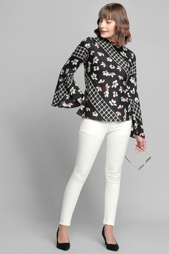 4 - Black Floral Round Neck Straight Flared Top, image 4