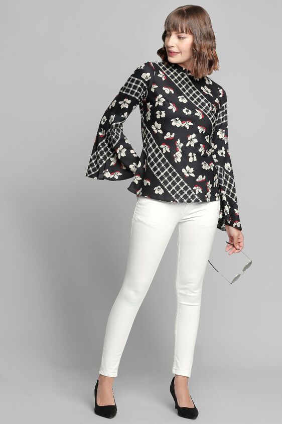 4 - Black Floral Round Neck Straight Flared Top, image 4