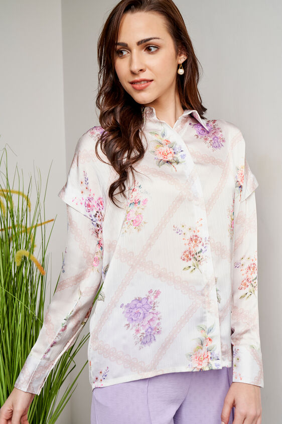Cream Floral Shirt Style Top, Cream, image 1