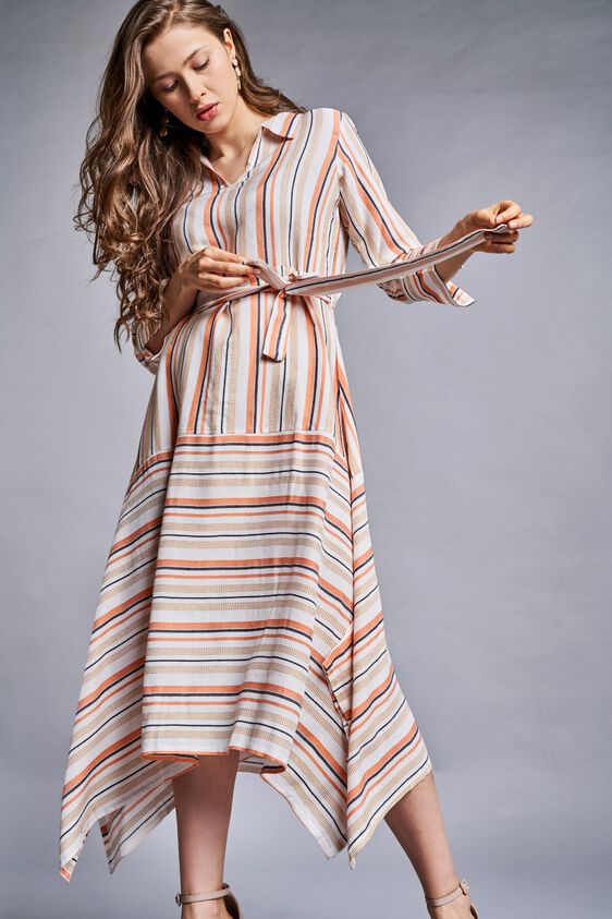 2 - Orange - White Stripes Fit and Flare Dress, image 2
