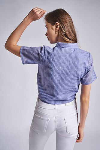 4 - Blue - White Stripes Shirt Style Collar Top, image 4