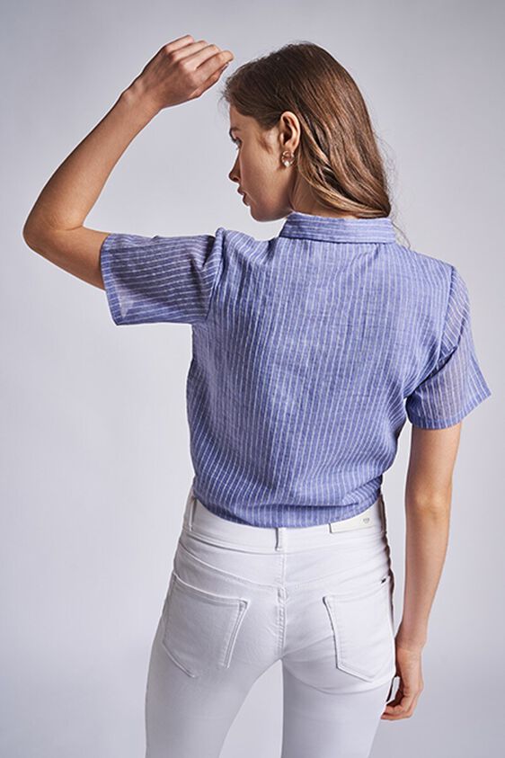 4 - Blue - White Stripes Shirt Style Collar Top, image 4