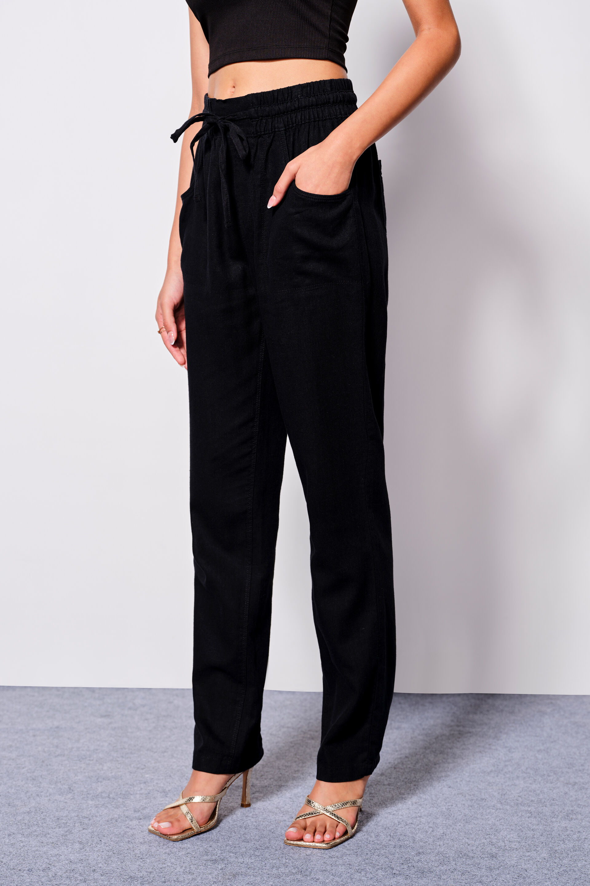 Urban Comfort Linen Blend Drawstring Pants, Black, image 1