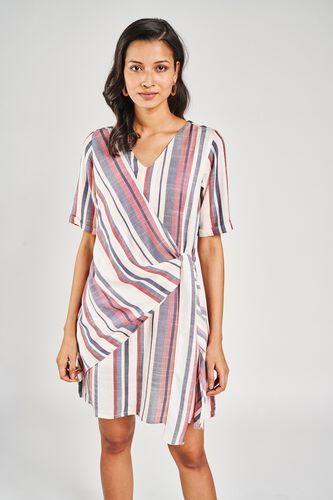 4 - White & Blue Self Design A-Line Dress, image 4