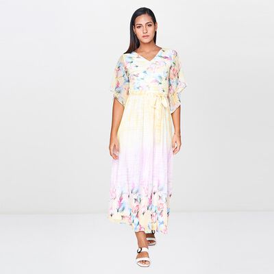 6 - Yellow Floral V-Neck Fit and Flare Dress, image 6