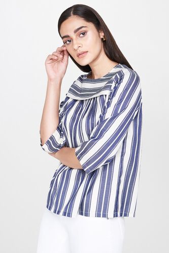 3 - Ecru Stripes Round Neck Blouse Top, image 3