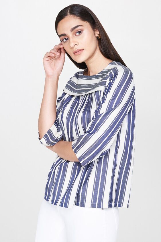3 - Ecru Stripes Round Neck Blouse Top, image 3