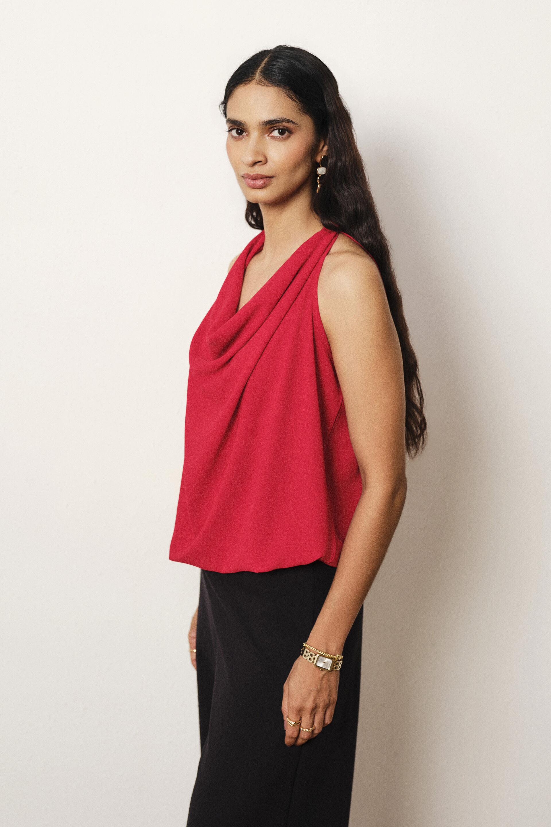 Sleeveless Cowl Top in Red, Red, image 5