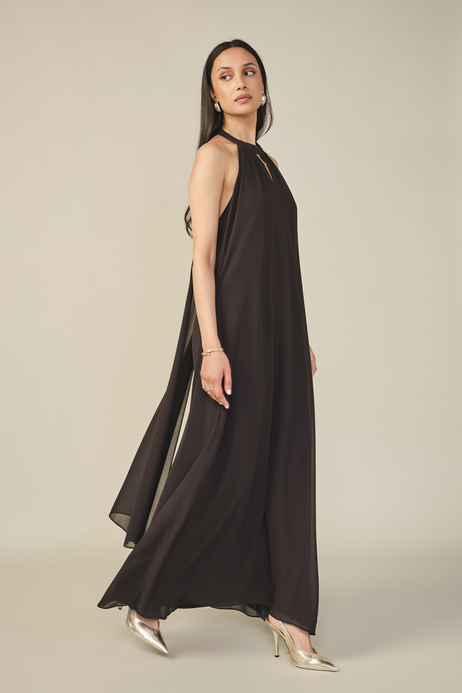 Halter Neck A-line Maxi Dress in Black, Black, image 3