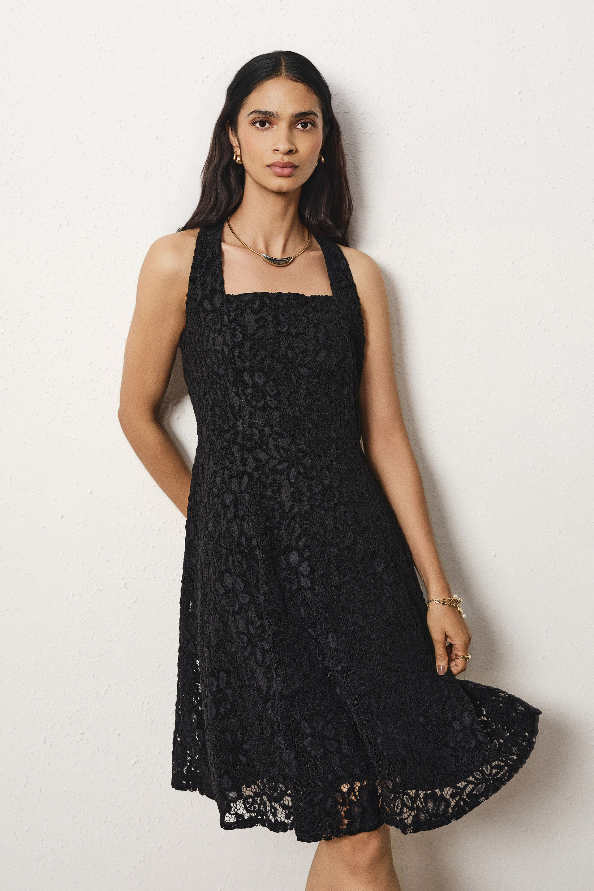 Lace Halter Dress in Black, Black, image 4