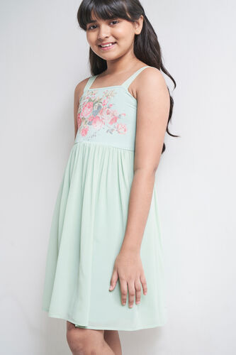 Green Solid Fit And Flare Embroidered Dress, Green, image 3