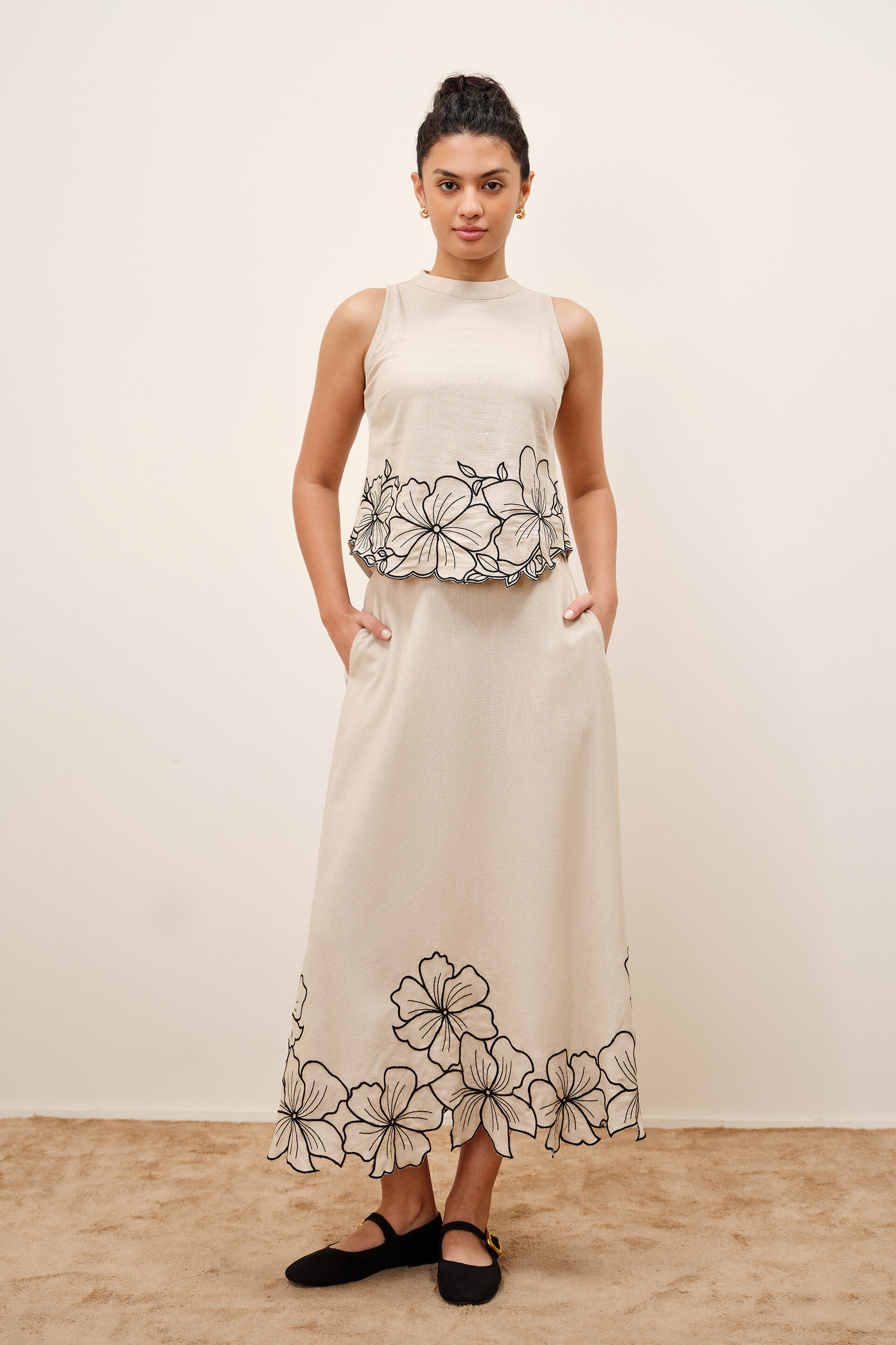 Natural Flora Embroidered Skirt Set, Beige, image 2