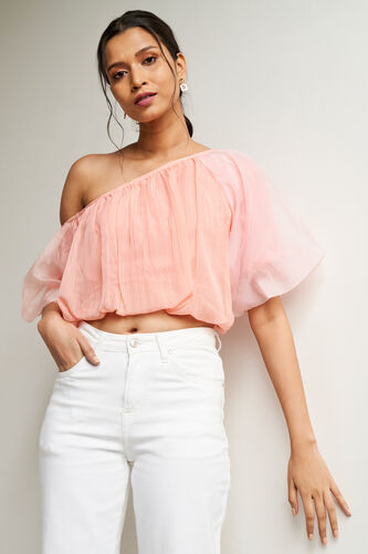 Peach Solid Flounce Top, Peach, image 3