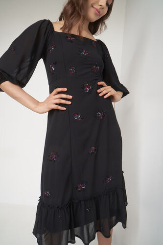 Black Floral Flared Dress, Black, image 8