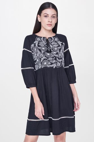1 - Black Embroidered Round Neck Sleeveless Dress, image 1