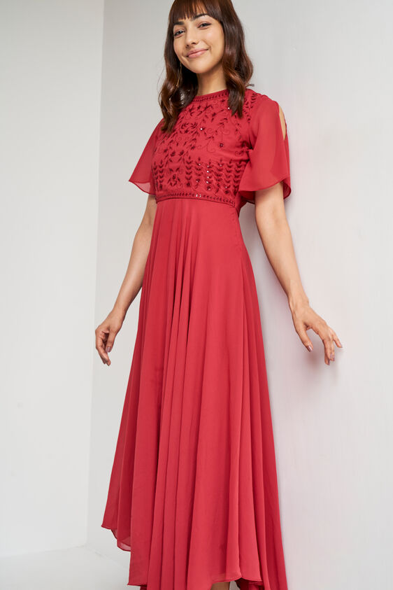 Red Solid Flared Gown, Red, image 2
