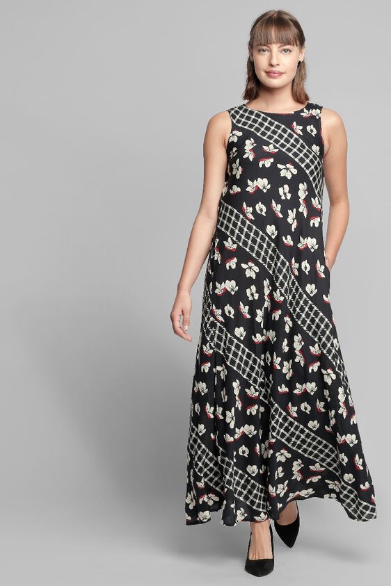1 - Black Floral Round Neck Fit and Flare Sleeveless Gown, image 1