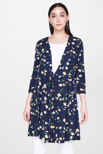 1 - Navy Floral Wrap V-Neck Knee Length Dress, image 1