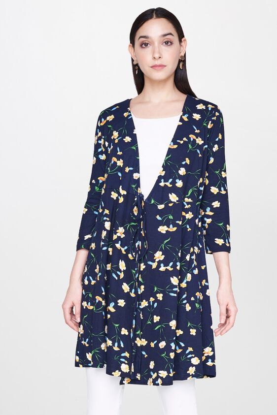 1 - Navy Floral Wrap V-Neck Knee Length Dress, image 1