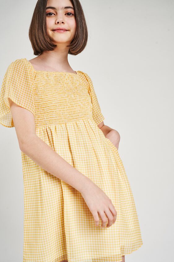 3 - Yellow Checked Printed Off Shoulder Dress, image 3